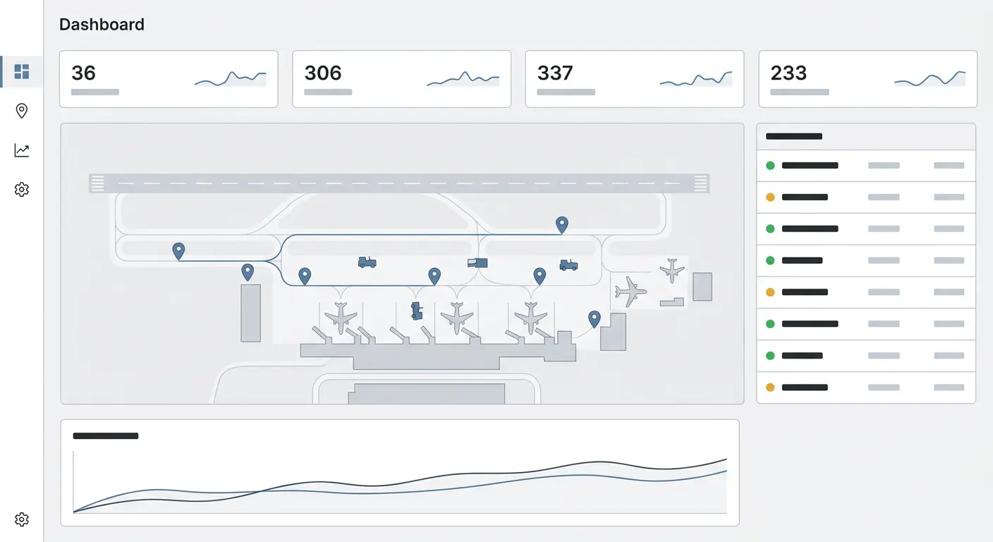 Actium fleet telemetry portal dashboard: live airfield map, status list and trend reports